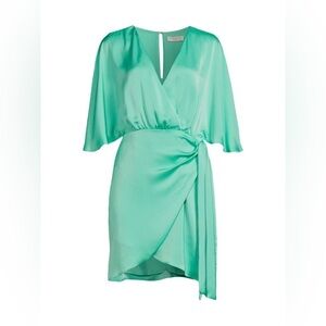 Ramy Brook $445 Alexis Faux Wrap Satin Mini Dress in Malachite NWT